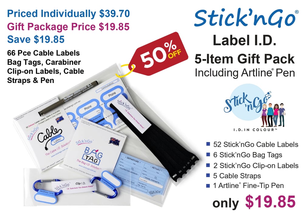 Image of Stick'nGo ® I.D. GIFT PACK: Cable Labels, Bag Tags, Clip-on  I.D., Cable Straps & Artline® Pen 