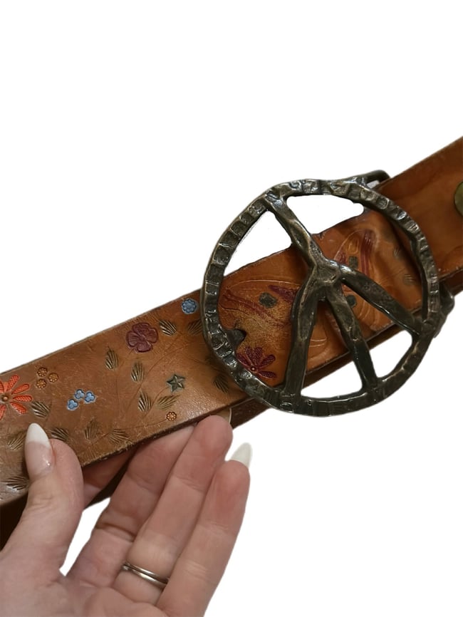 late 60s tooled leather PEACE belt