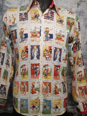 Image of Day Of The Dead cards, long sleeve men shirt, slim fit tailored red trim sleeves and collar
