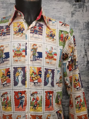 Image of Day Of The Dead cards, long sleeve men shirt, slim fit tailored red trim sleeves and collar