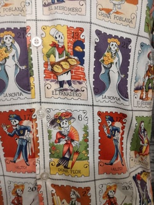 Image of Day Of The Dead cards, long sleeve men shirt, slim fit tailored red trim sleeves and collar