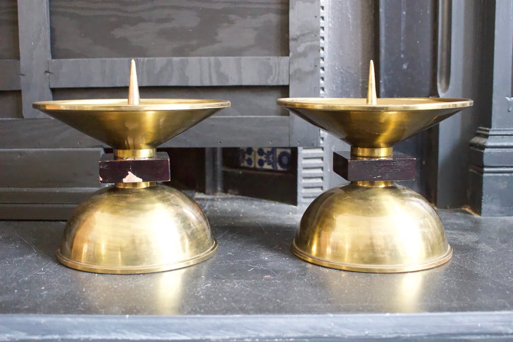 Image of Pair of Large Art Deco Brass and Wood Candleholders