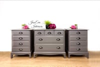 Image 1 of Stag Minstrel Bedroom Furniture Set, Grey Chest Of Drawers and Bedside Tables.