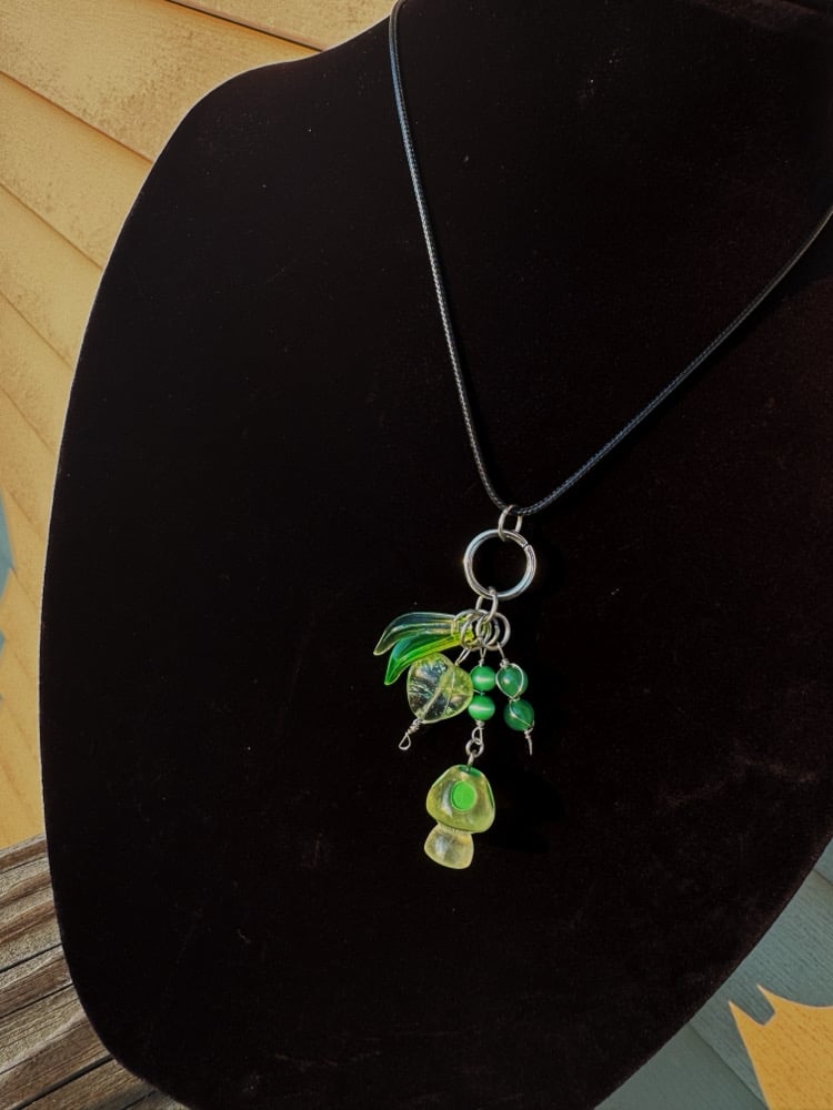 Image of "Groovy n Green" Necklace w/ Green Adventurine, Catseye, & Glow-in-the-dark Mushroom