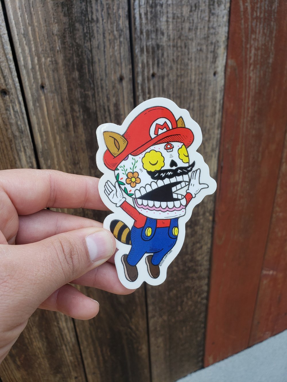 Raccoon Mario Calavera Vinyl Sticker