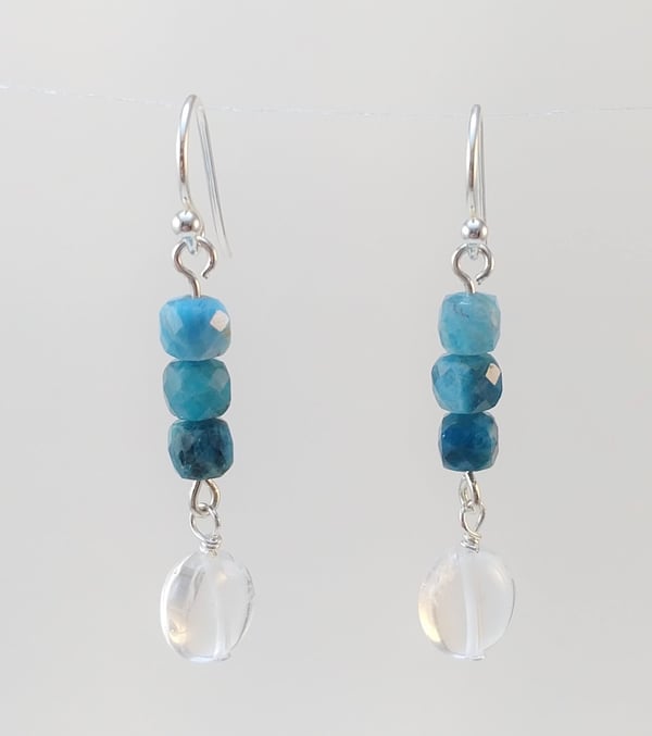 Image of Stunning Blue Apatite & Clear Quartz Sterling Silver Crystal Drop Lightweight Earrings