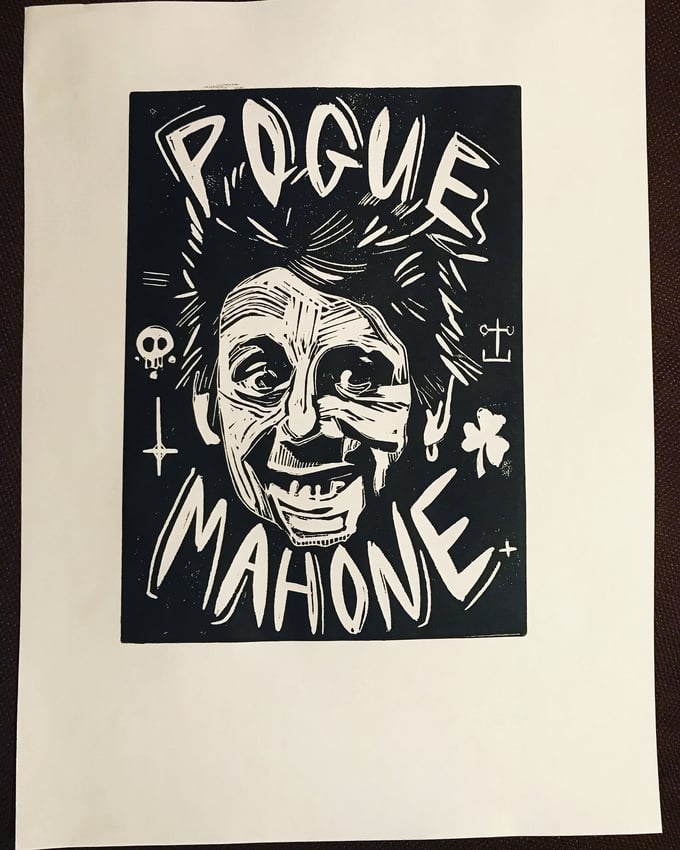 Image of Shane MacGowan. Pogue Mahone. Hand Made. Original A4 linocut print. Art.