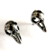 Image 2 of Antiqued Silver Crow Skull Stud Earrings