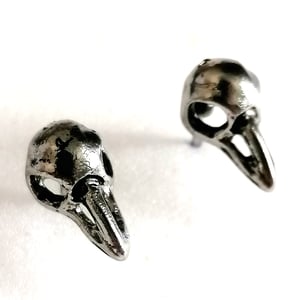 Image of Antiqued Silver Crow Skull Stud Earrings