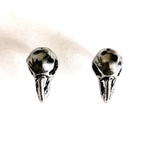 Image 3 of Antiqued Silver Crow Skull Stud Earrings