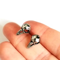 Image 4 of Antiqued Silver Crow Skull Stud Earrings