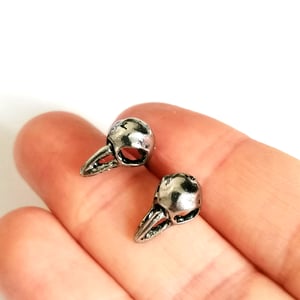Image of Antiqued Silver Crow Skull Stud Earrings