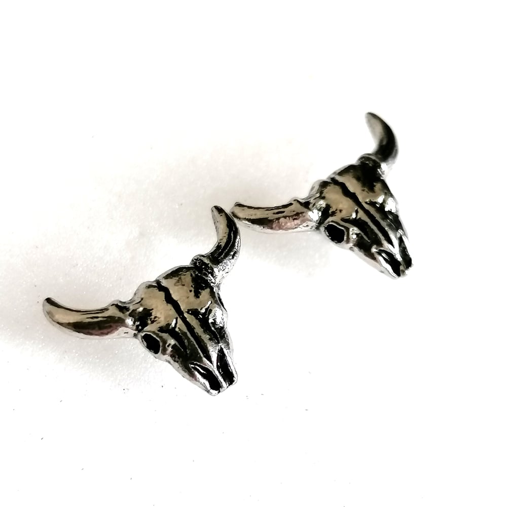 Image of Antiqued Silver Cow Skull Stud Earrings