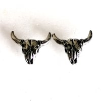 Image 2 of Antiqued Silver Cow Skull Stud Earrings