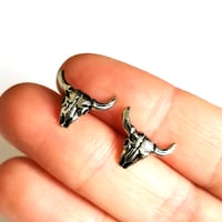 Image 3 of Antiqued Silver Cow Skull Stud Earrings