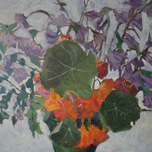 Image of Mid 20thC, French Oil Painting, 'Nasturtiums and Canterbury Bells'