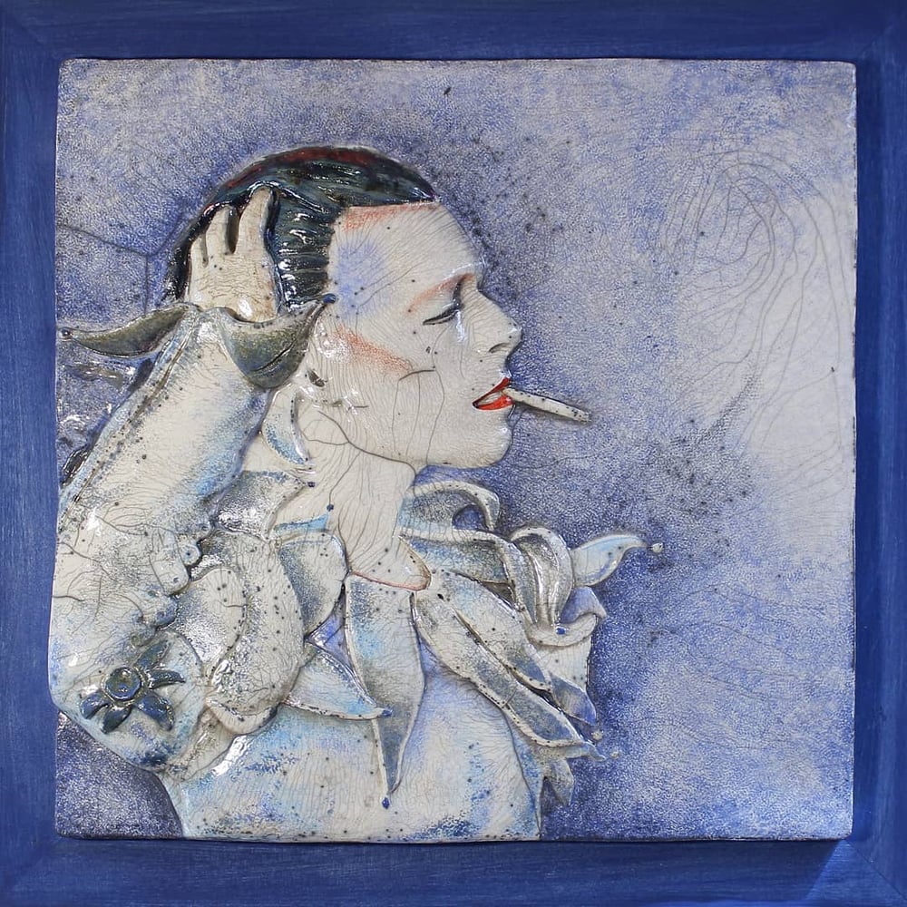 'Scary Monsters' Raku Wall Panel Painted Ceramic (Framed)