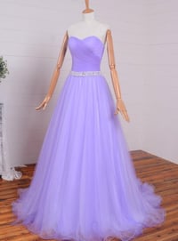 Image 1 of Lavender Tulle Simple Beaded Waist Long Party Dress, Tulle Evening Gown Prom Dress