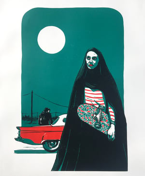 'A Girl Walks Home Alone At Night' reduction linocut print