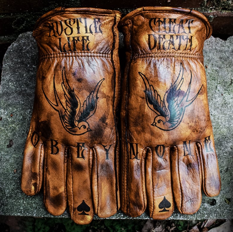 Image of Hustle Life/Cheat Death custom leather gloves