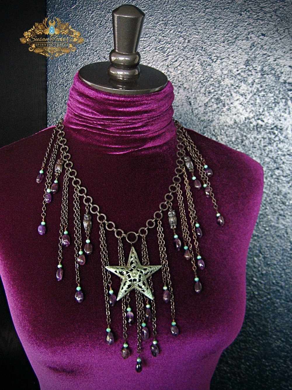 Image of SPIRIT OF THE NIGHT - Amethyst Star Pendant Owl Charm Statement Bib Necklace Enchantment Collection 