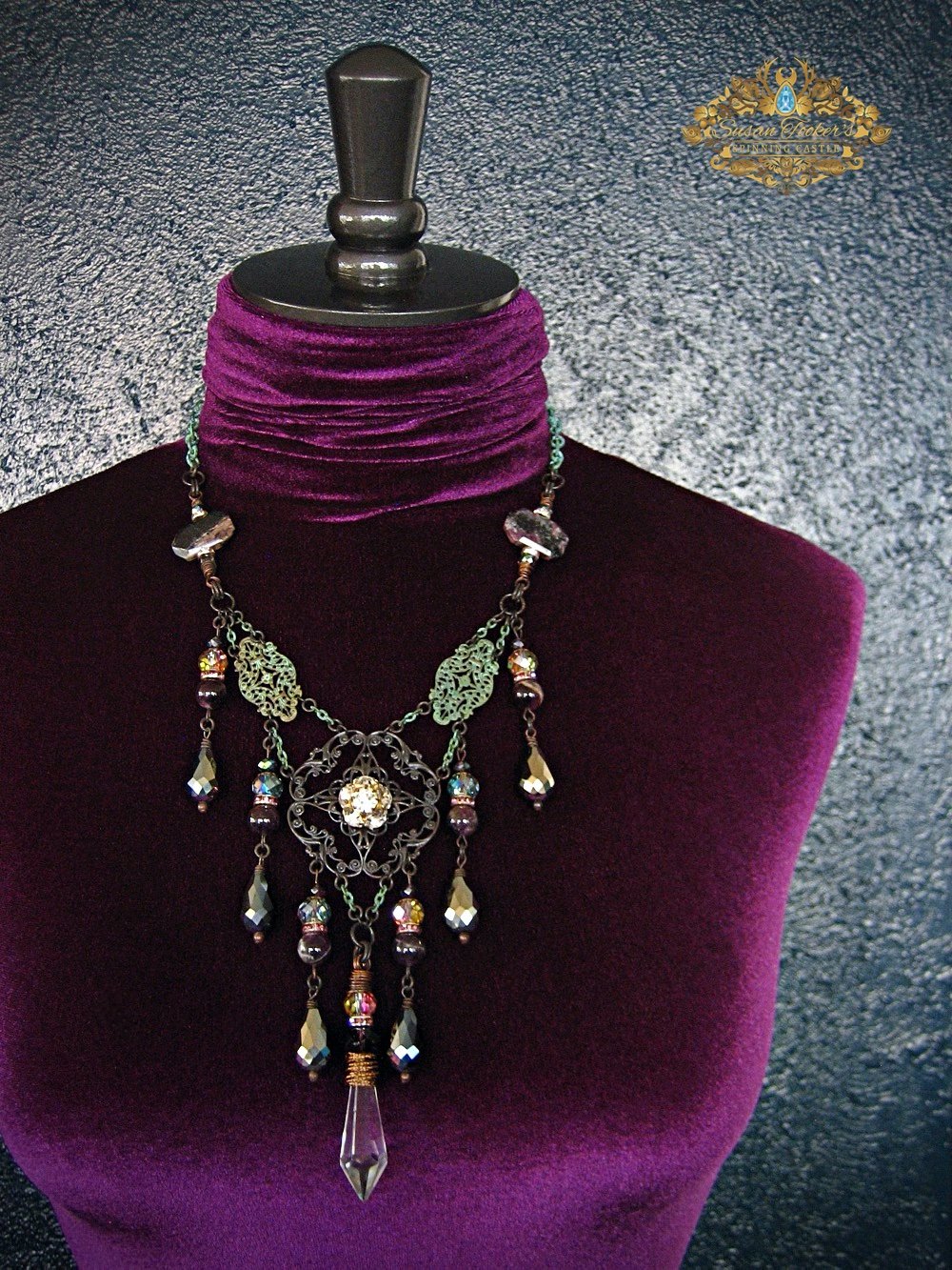 Image of PEACE OF EVENING - Charoite Amethyst Crystal Drop Statement Necklace Enchantment Collection 