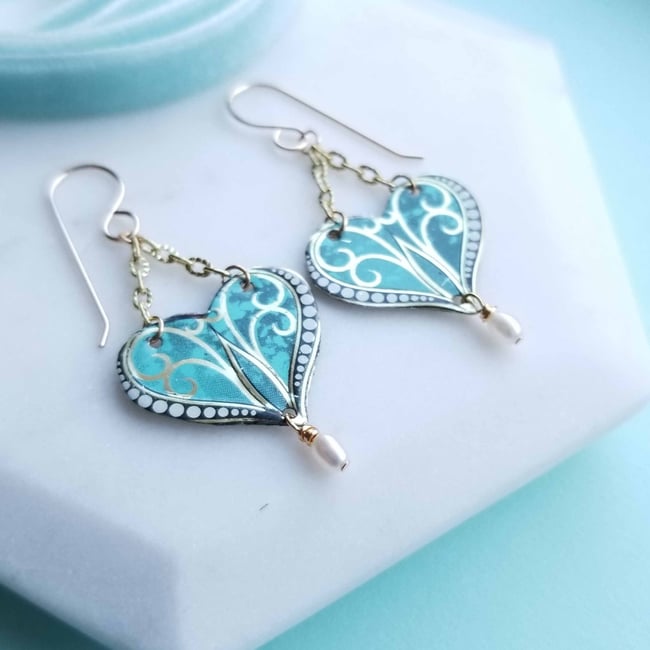 Aqua Tin Heart Earrings