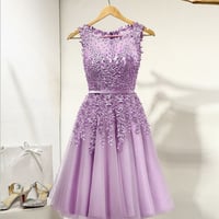 Image 2 of Cute PurpleTulle Short Beaded Lace Prom Dress, Knee Length Homecoming Dress