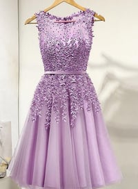 Image 1 of Cute PurpleTulle Short Beaded Lace Prom Dress, Knee Length Homecoming Dress