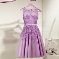Image 3 of Cute PurpleTulle Short Beaded Lace Prom Dress, Knee Length Homecoming Dress