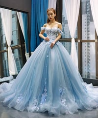 Image 1 of Charming Flowers Puffy Sweetheart Flowers Lace Blue Sweet 16 Gown, Off Shoulder Long Party Dress