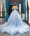Charming Flowers Puffy Sweetheart Flowers Lace Blue Sweet 16 Gown, Off Shoulder Long Party Dress