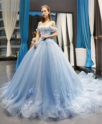 Image 3 of Charming Flowers Puffy Sweetheart Flowers Lace Blue Sweet 16 Gown, Off Shoulder Long Party Dress