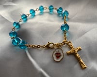 Image 1 of Turquoise Glass Bead Rosary Bracelet (Gold finish)