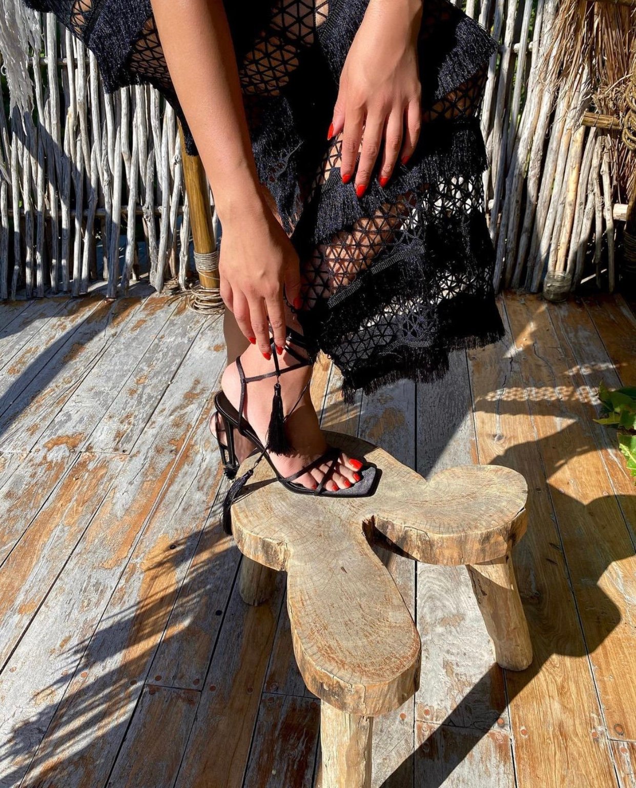 Image of BLACK FRINGE & SHEER PANEL MAXI SKIRT (MEDIUM)