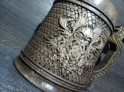 Image of Odin and Fenrir Wooden beer mug, Gift for him, Celtic beer tankard, 22oz, personalized gift