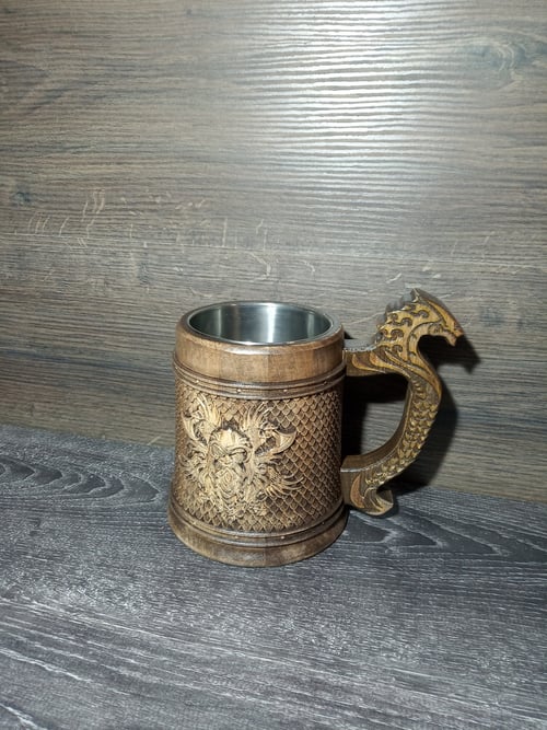 Image of Odin and Fenrir Wooden beer mug, Gift for him, Celtic beer tankard, 22oz, personalized gift