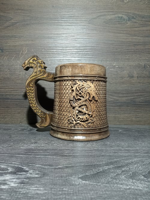 Image of Odin and Fenrir Wooden beer mug, Gift for him, Celtic beer tankard, 22oz, personalized gift