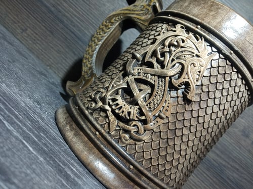 Image of Odin and Fenrir Wooden beer mug, Gift for him, Celtic beer tankard, 22oz, personalized gift