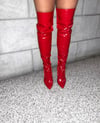 RED THIGH HIGH STRETCH BOOTS (UK 7)