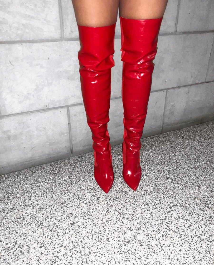 Image of RED THIGH HIGH STRETCH BOOTS (UK 7)