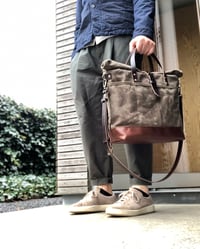 Image 1 of Waxed canvas roll top tote bag / office bag with luggage handle attachment leather handles and shoul