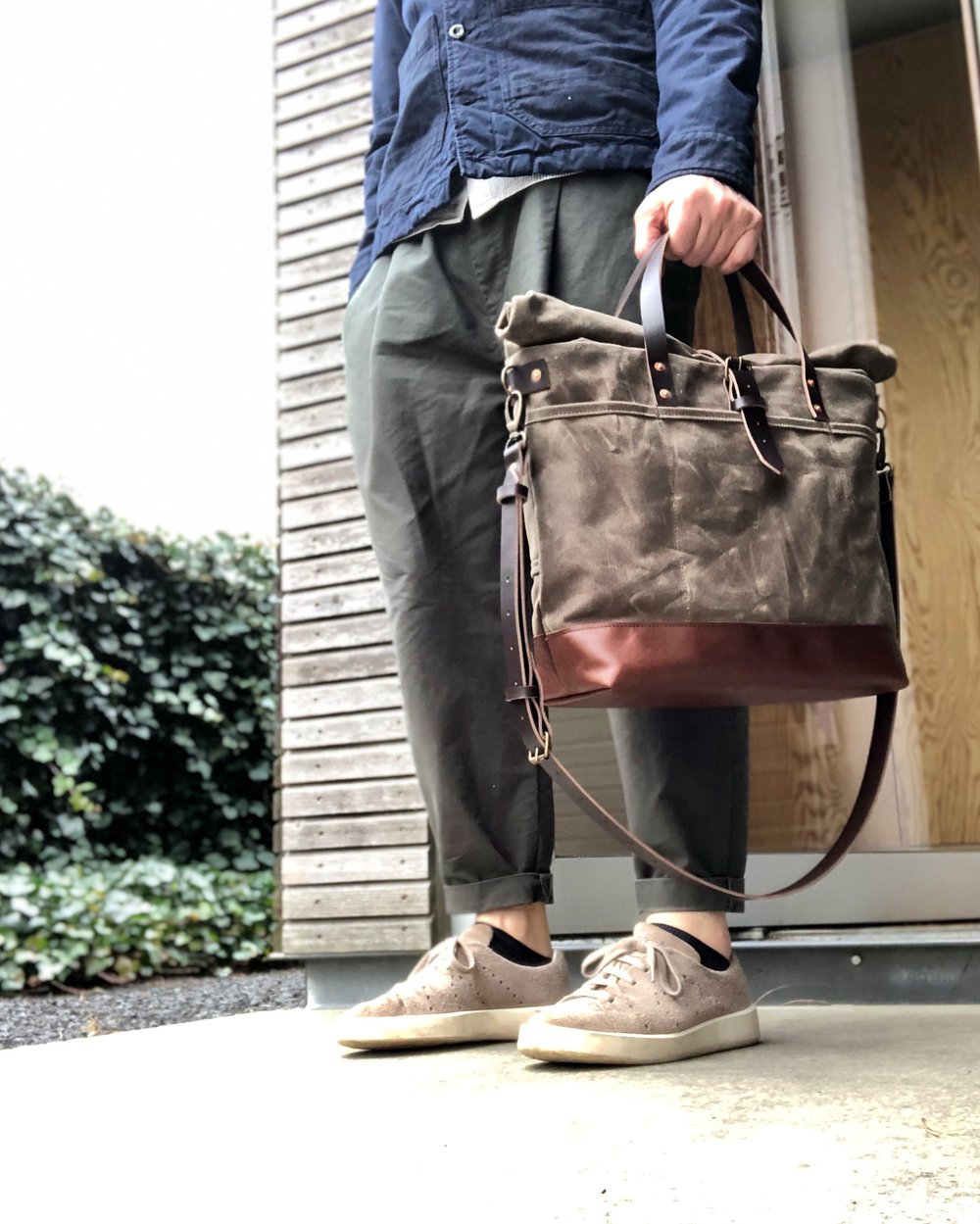 Waxed canvas roll top tote bag / office bag with luggage handle attachment  leather handles and shoul