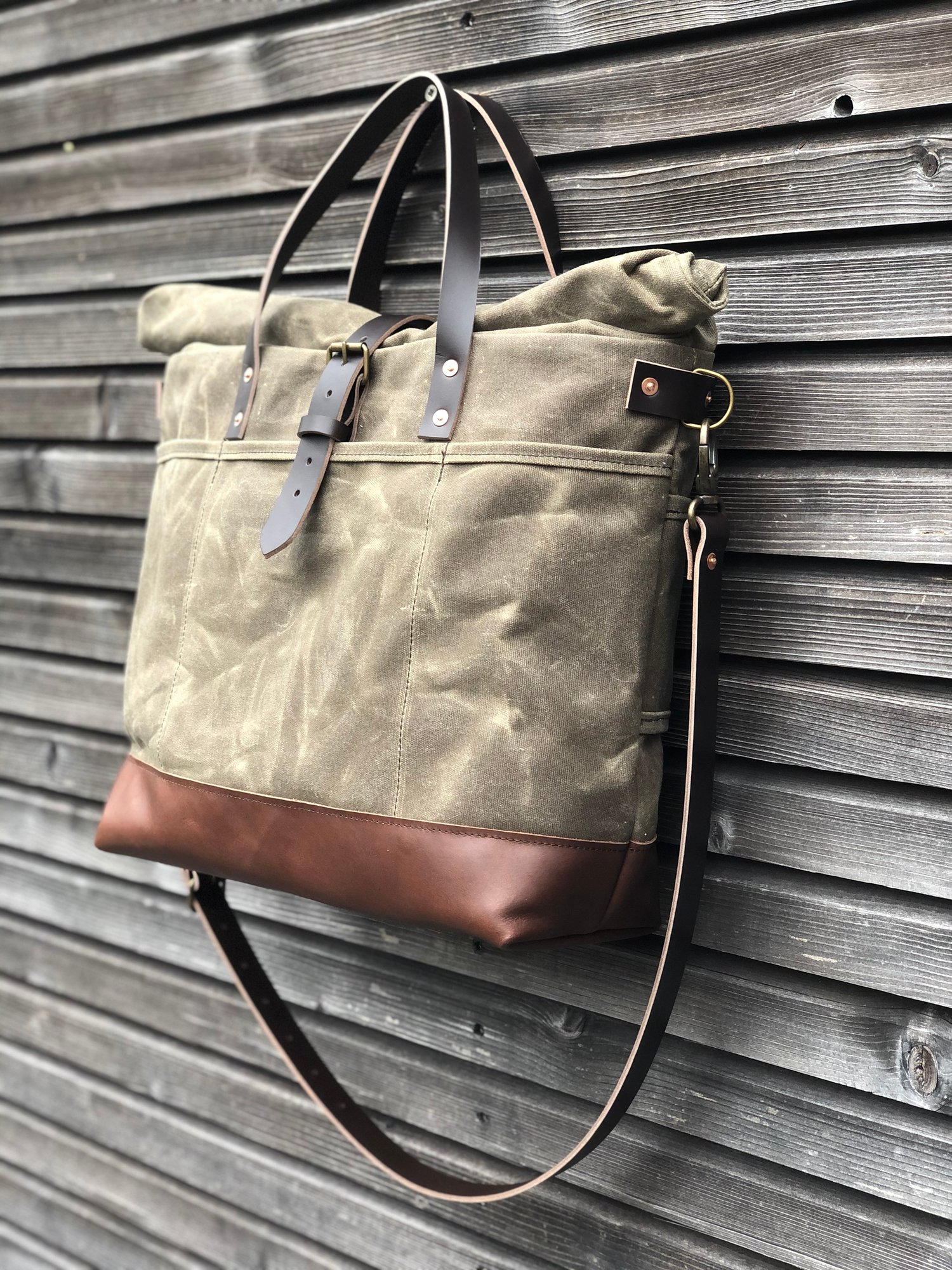 Waxed canvas roll top tote bag / office bag with luggage handle ...