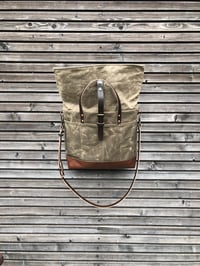 Image 4 of Waxed canvas roll top tote bag / office bag with luggage handle attachment leather handles and shoul