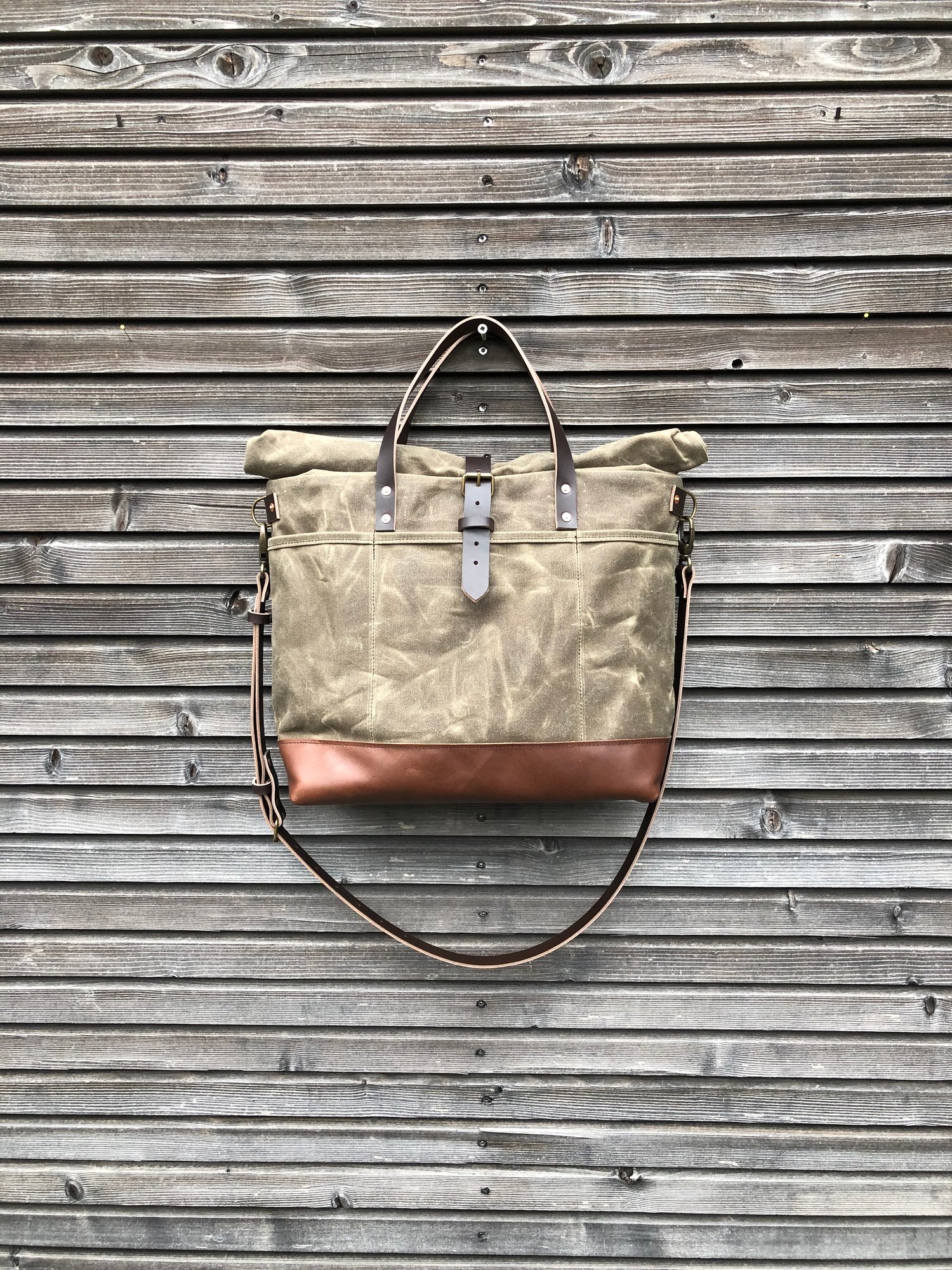 Image of Waxed canvas roll top tote bag / office bag with luggage handle attachment leather handles and shoul