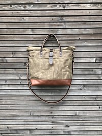 Image 5 of Waxed canvas roll top tote bag / office bag with luggage handle attachment leather handles and shoul