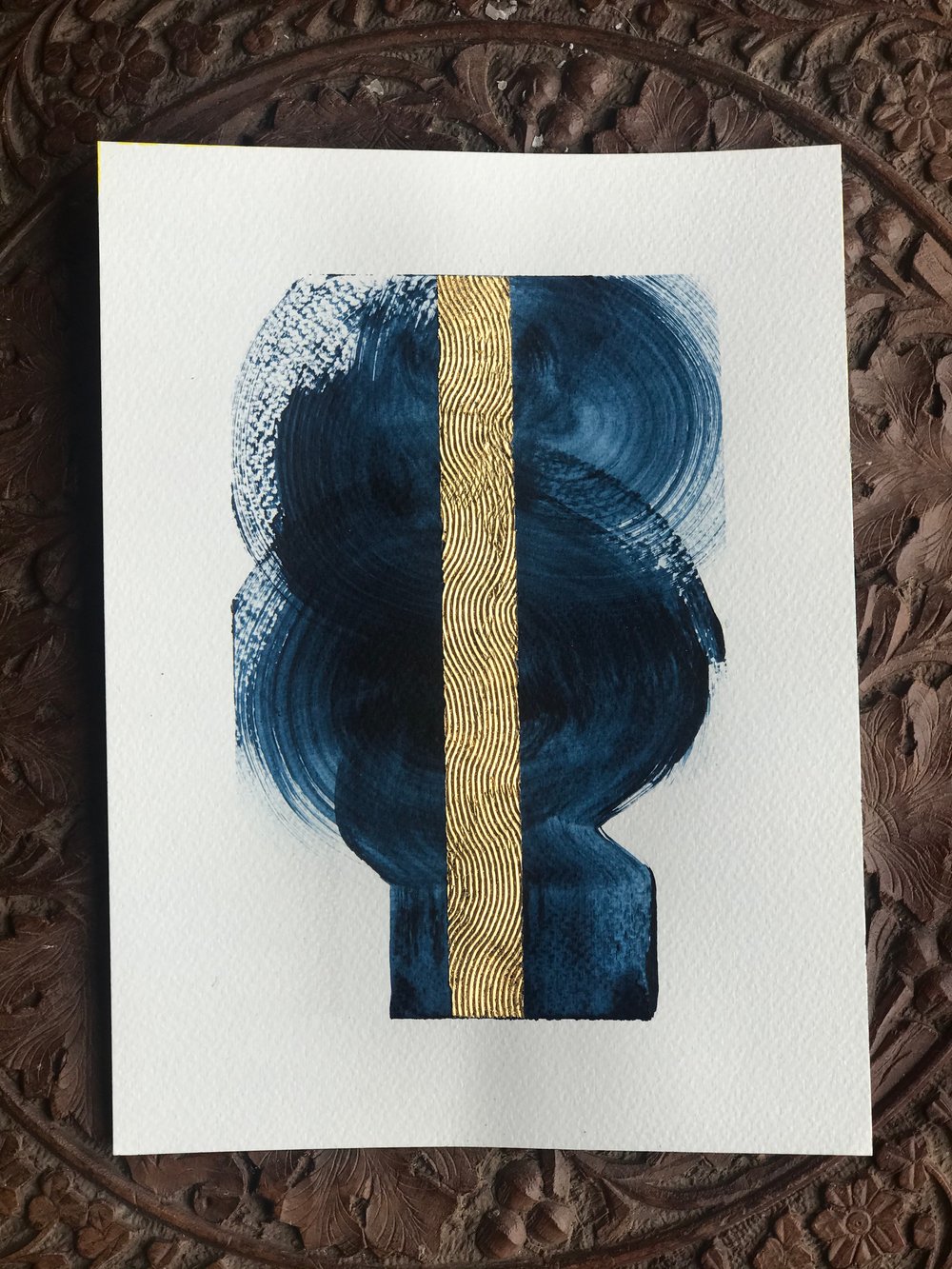 Image of One line - prussian blue and gold - 18x24 cm acrylic and 23,75 carat gold on aquarelle paper