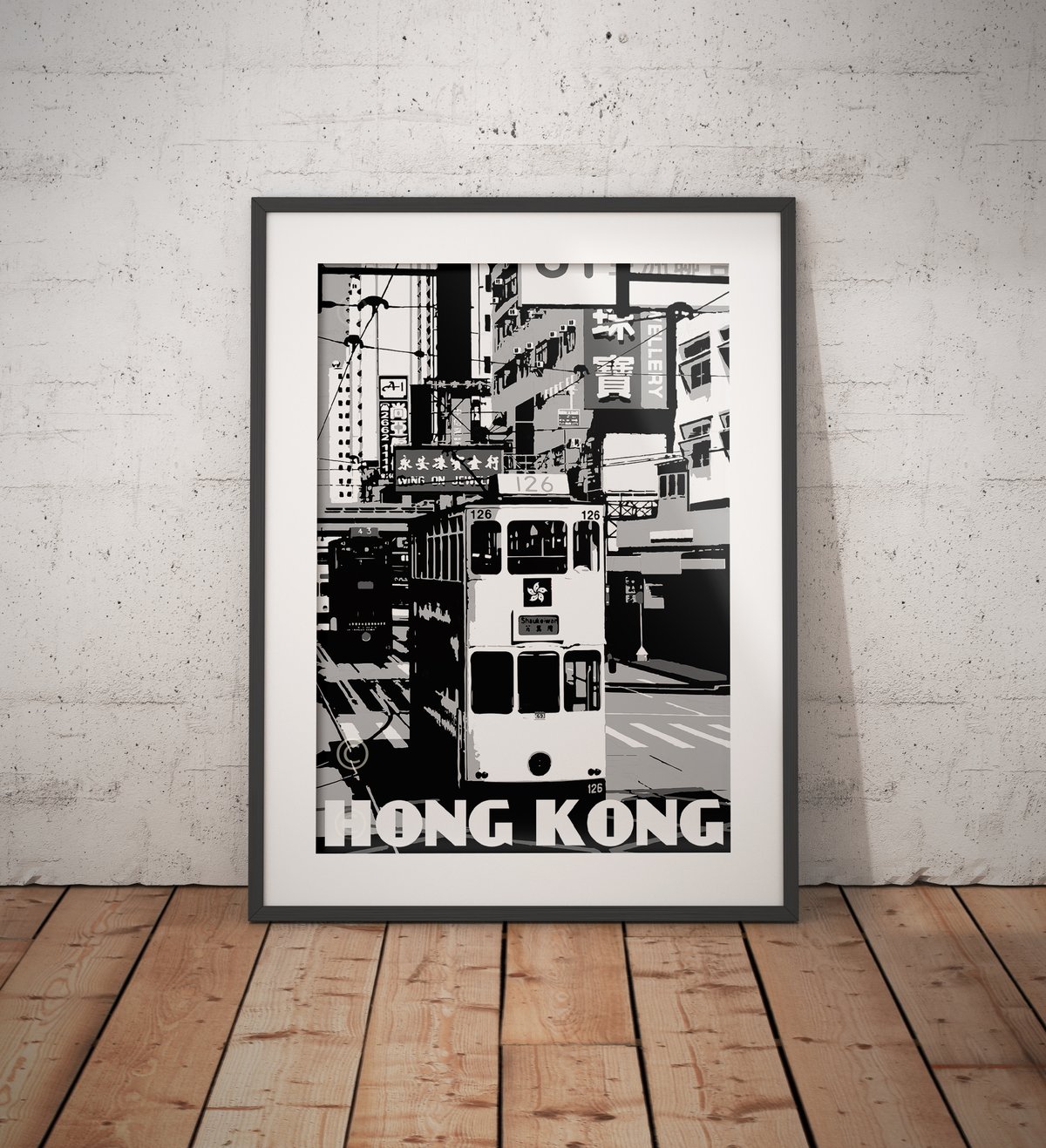 Image of Vintage poster Hong Kong - Tramway - Ding Ding - Black & White - Fine Art Print