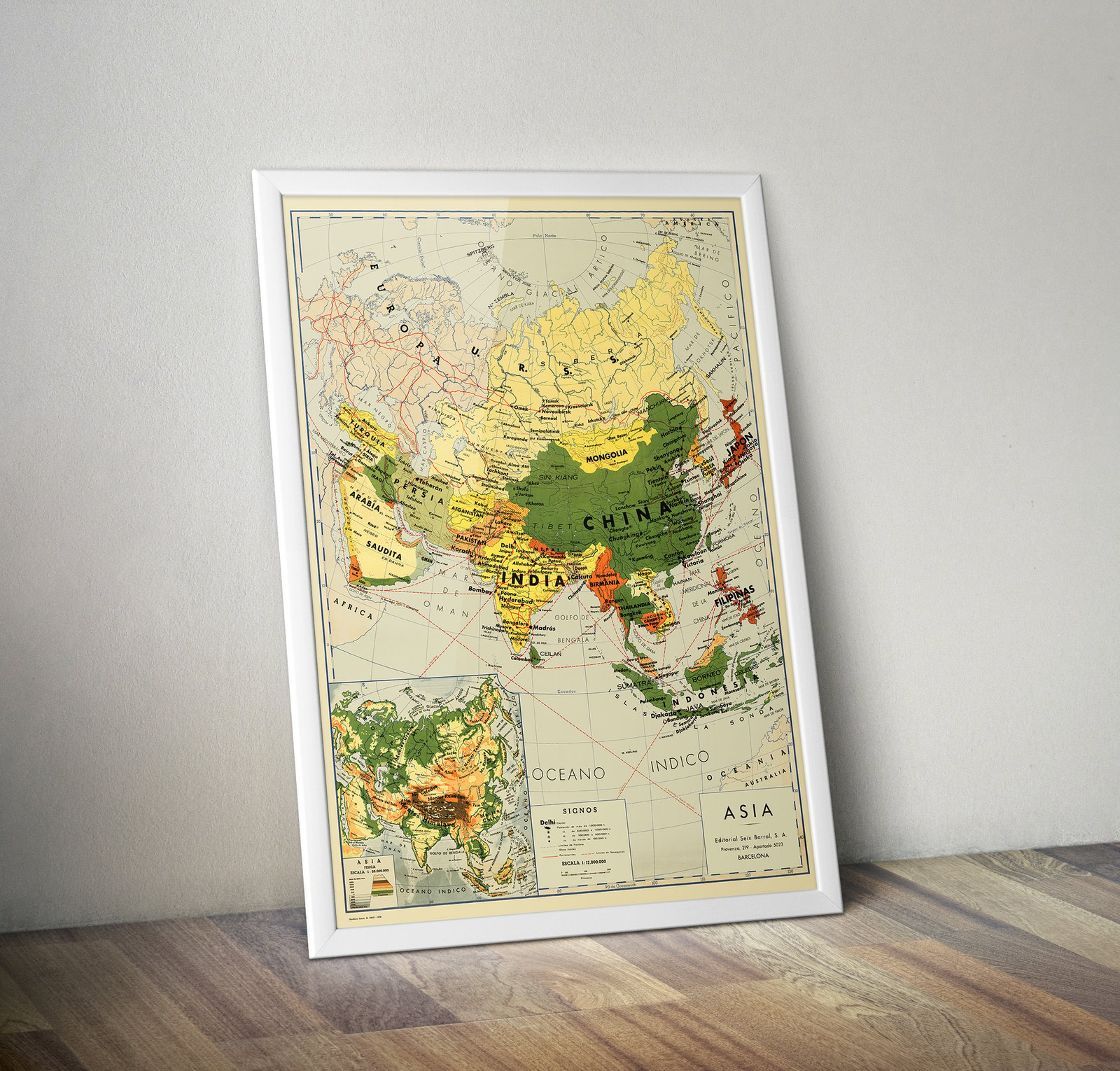 Mapa escuela de Asia Seix Barral | 1959 | Wall Art Print | Vintage